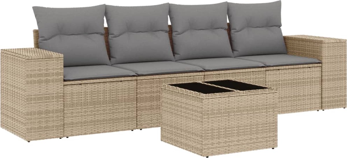 vidaXL 5-delige - Loungeset - met - kussens - poly - rattan - beige