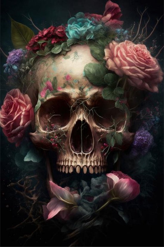 Glasschilderij 120x80x0.4 Skull with Flowers