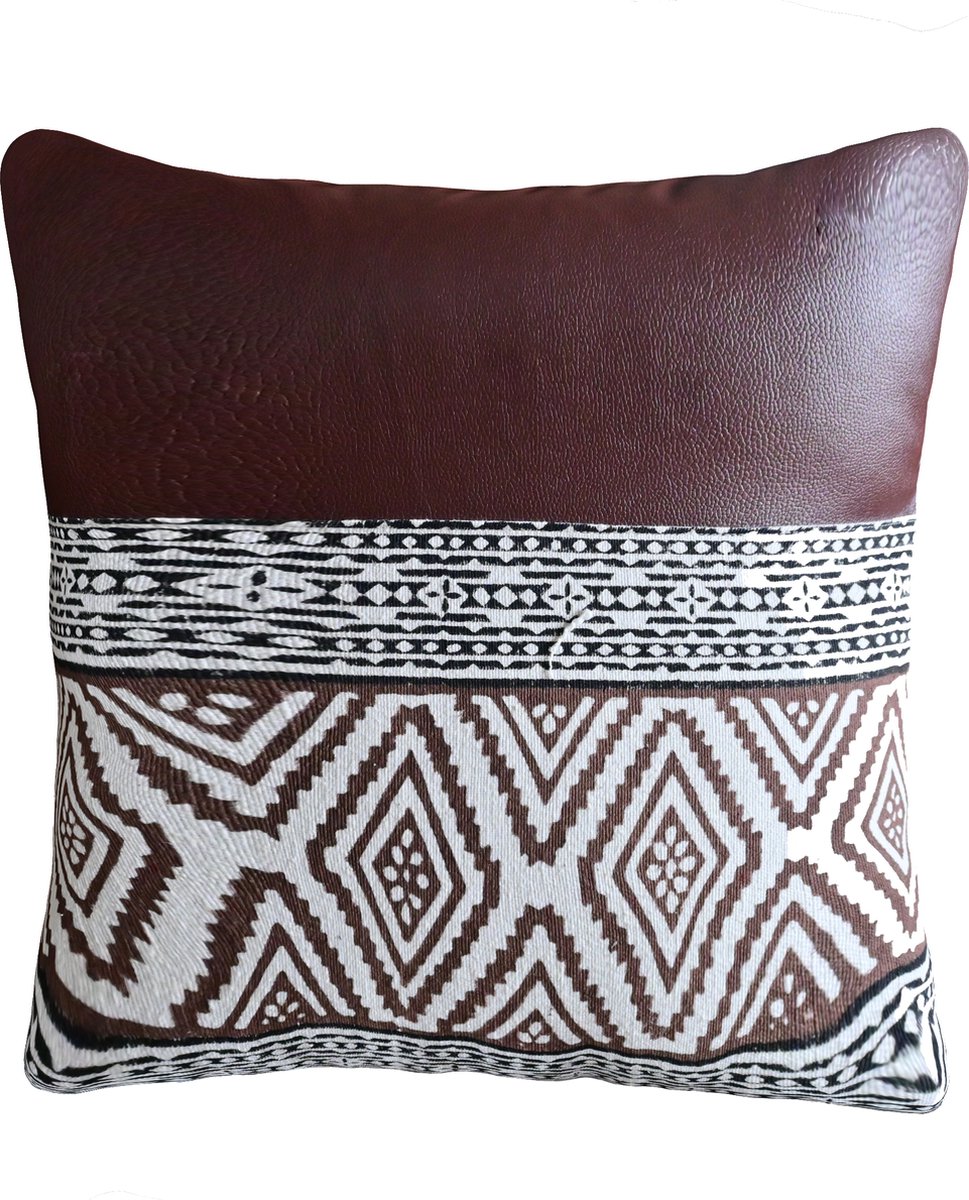 Urbane Hide Kussens woonkamer | kussenhoes 45x45 cm | kussensloop | sierkussens | cushion cover | PU leather-katoen | hand block printed Bruin