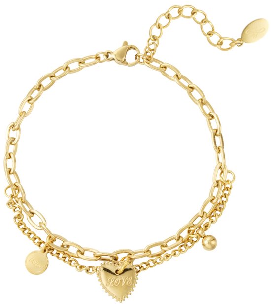 Joy Ibiza - hartje armband - dubbel layer - hartje en coin : LOVE - boho - bohemian style - stainless steel - ip/pvd goldplated