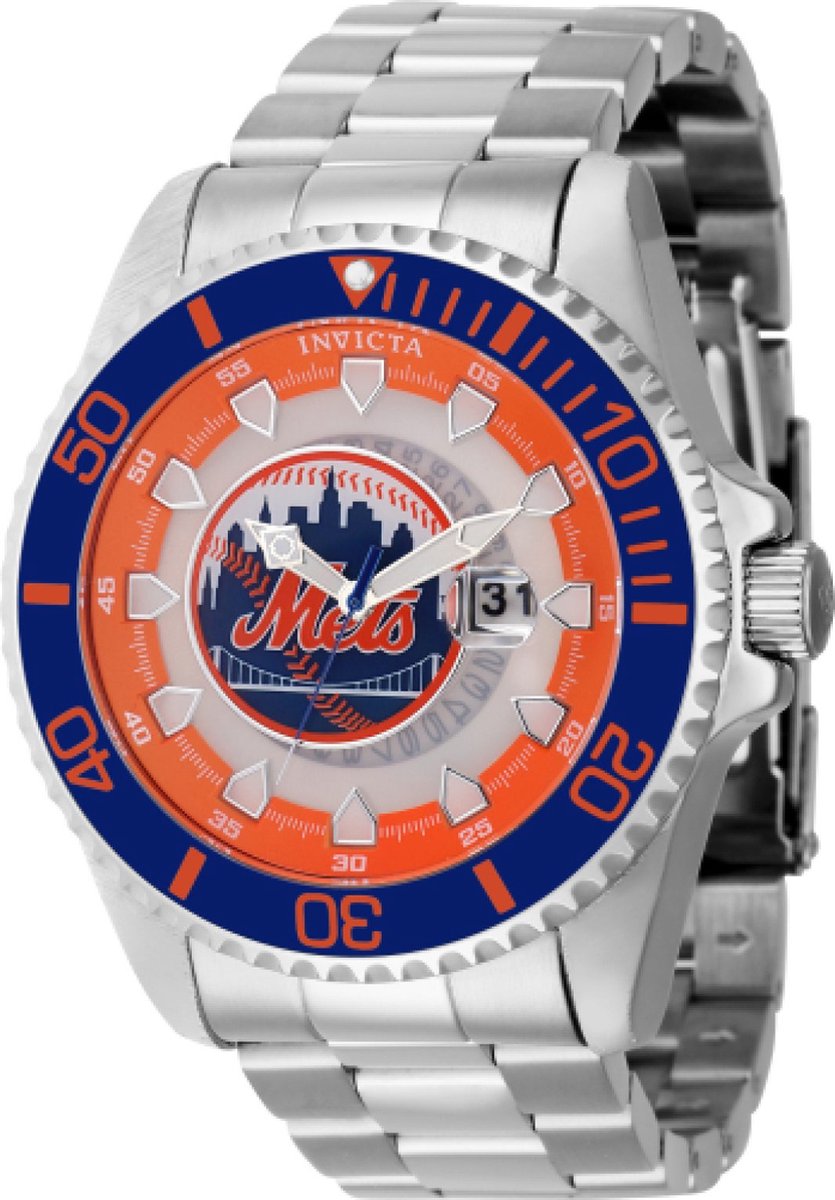 Invicta MLB - New York Mets 43471 Heren Horloge - Waterdicht - Analoog - Quartz Uurwerk - Roestvrij Staal met oranje Wijzerpl