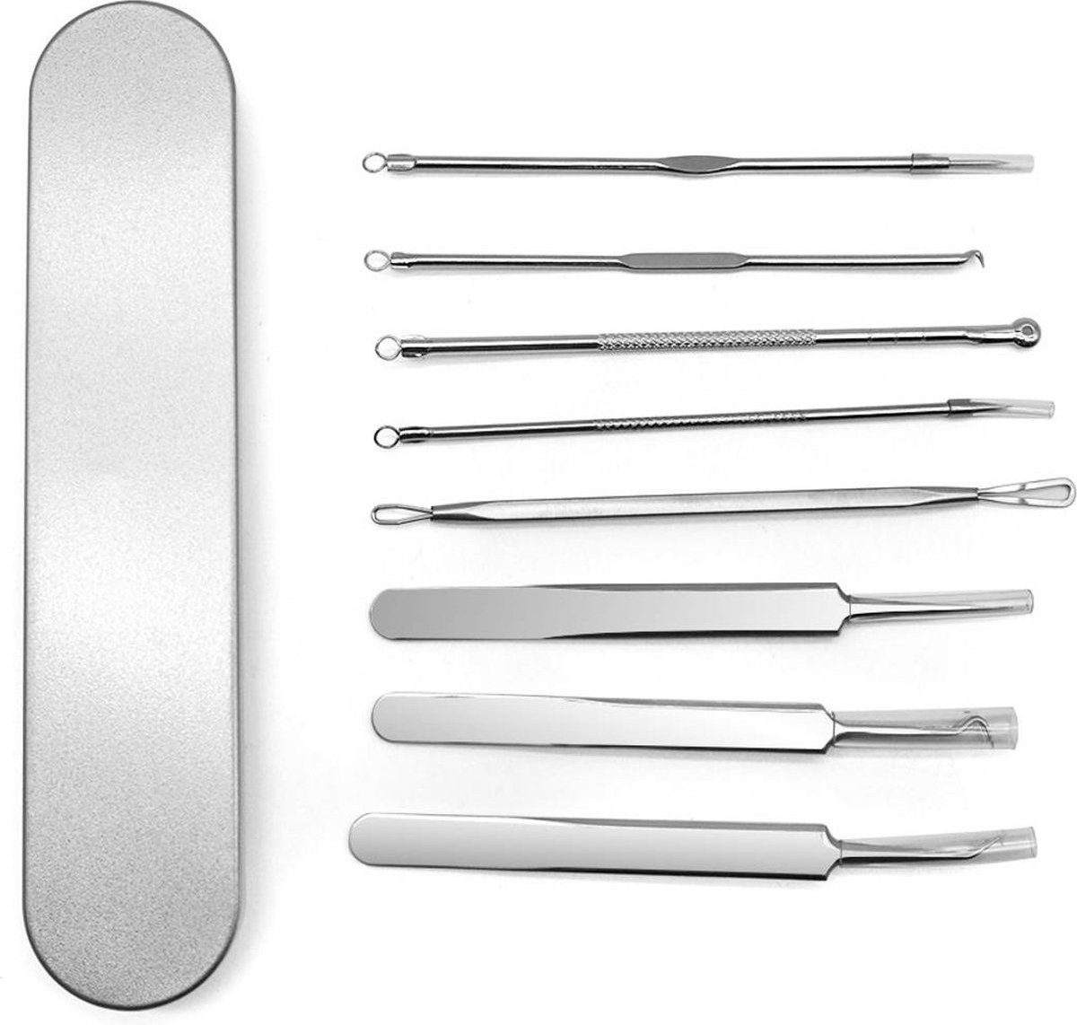 Goedkoopste New Age Devi - Blackhead Remover Set - 8 Delig - Mee-eters verwijderen - Comedonenlepel - Comedonendrukker - Zilver - Incl. RVS Opbergbox