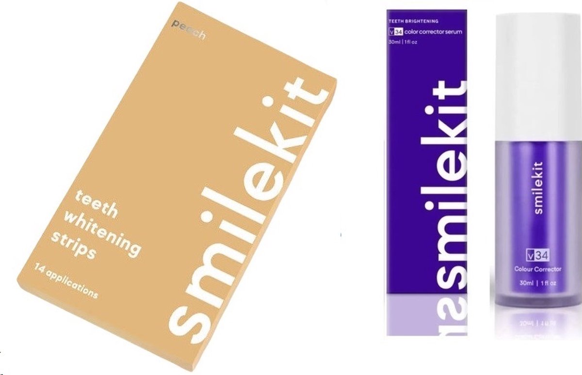 Goedkoopste SmileKit - Tandenbleekset - Perzik Whitening Strips & V34 Colour Corrector Serum - 100 Peroxide Vrij - PAP - Tandenbleekstrips - Paarse tandpasta -Whitestrips - Hismile