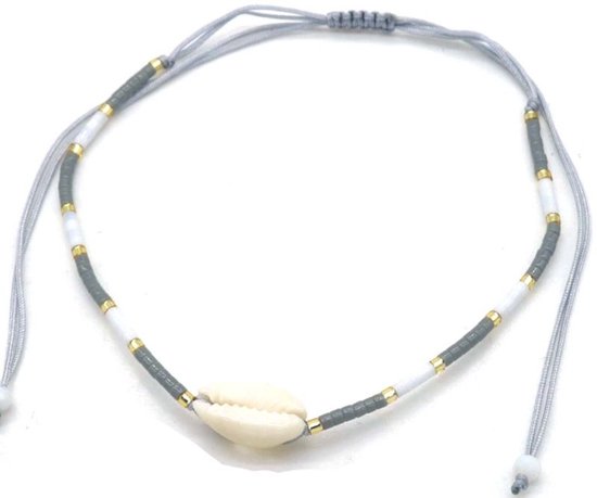 Bracelet de cheville - Perles de verre et coquillage - Bracelet de cheville - Longueur réglable - Grijs