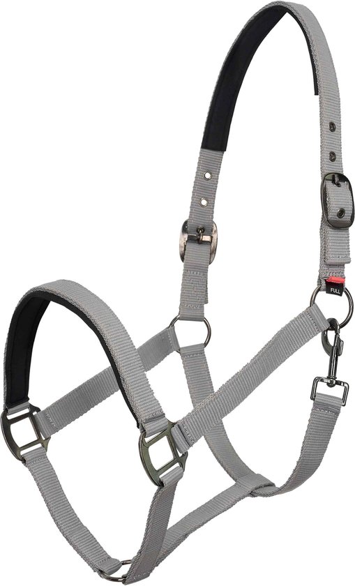 Grijs halster met zwarte voering en zilverkleurige gespen. De maat 'Pony' is zichtbaar.