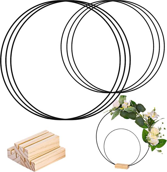 Metalen ringen om te knutselen, 3-delige set metalen ringen met voet, decoratie met voet, 20 cm + 30 cm, houten standaard, krans, metalen ring voor doe-het-zelf dromenvanger - goud