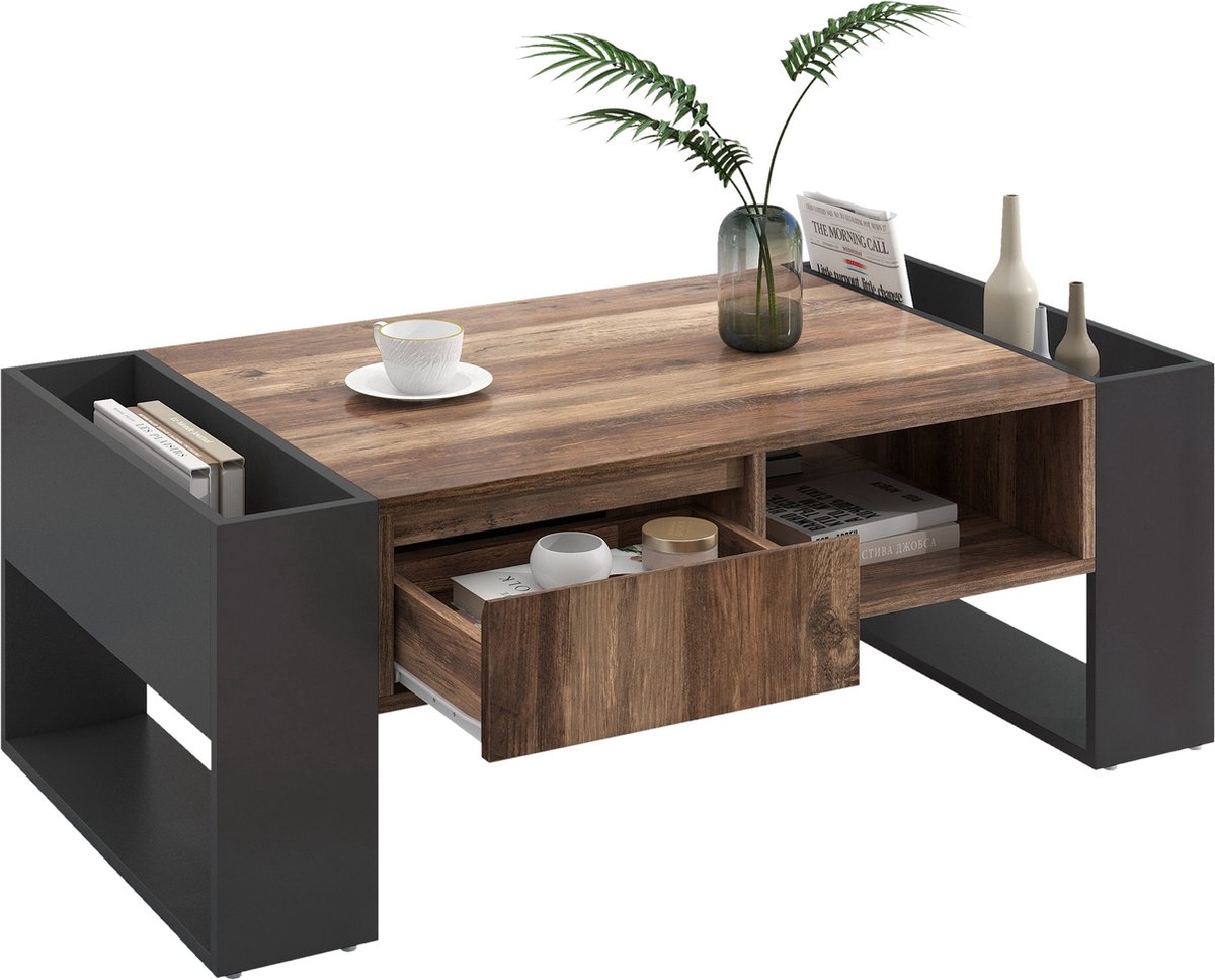 Merax Salontafel 111x60x40 cm – Houtlook – Lade en Dubbelzijdige Opbergruimte – Antraciet