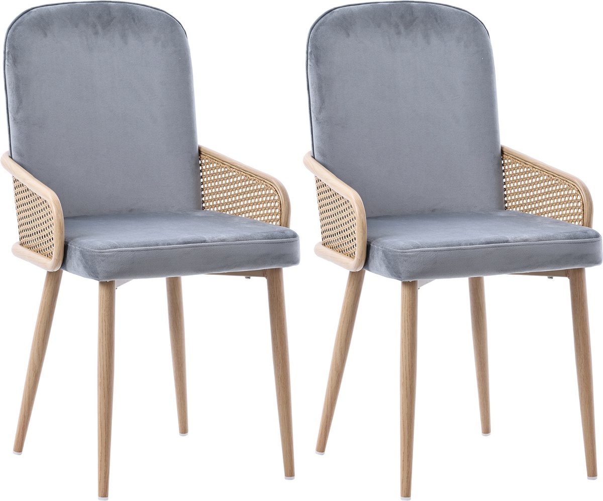 Merax Eetkamerstoelen Set van 2 – Grijs Velvet met Rattan Design – Moderne Luxe Stoelen