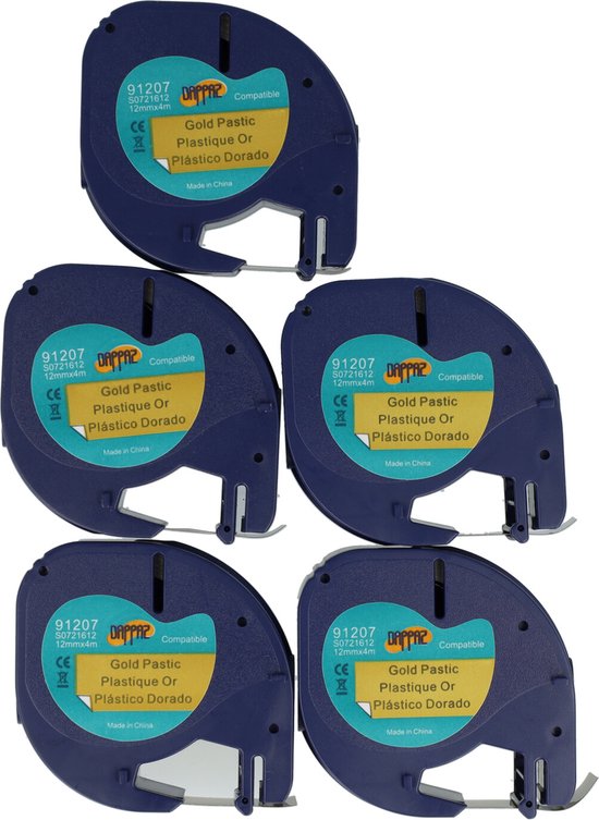 5 stuks Plastic Labels Zwart op GOUD voor Dymo LetraTag Labelprinter - Labeltape 91207 - 12 mm x 4 m - Dappaz