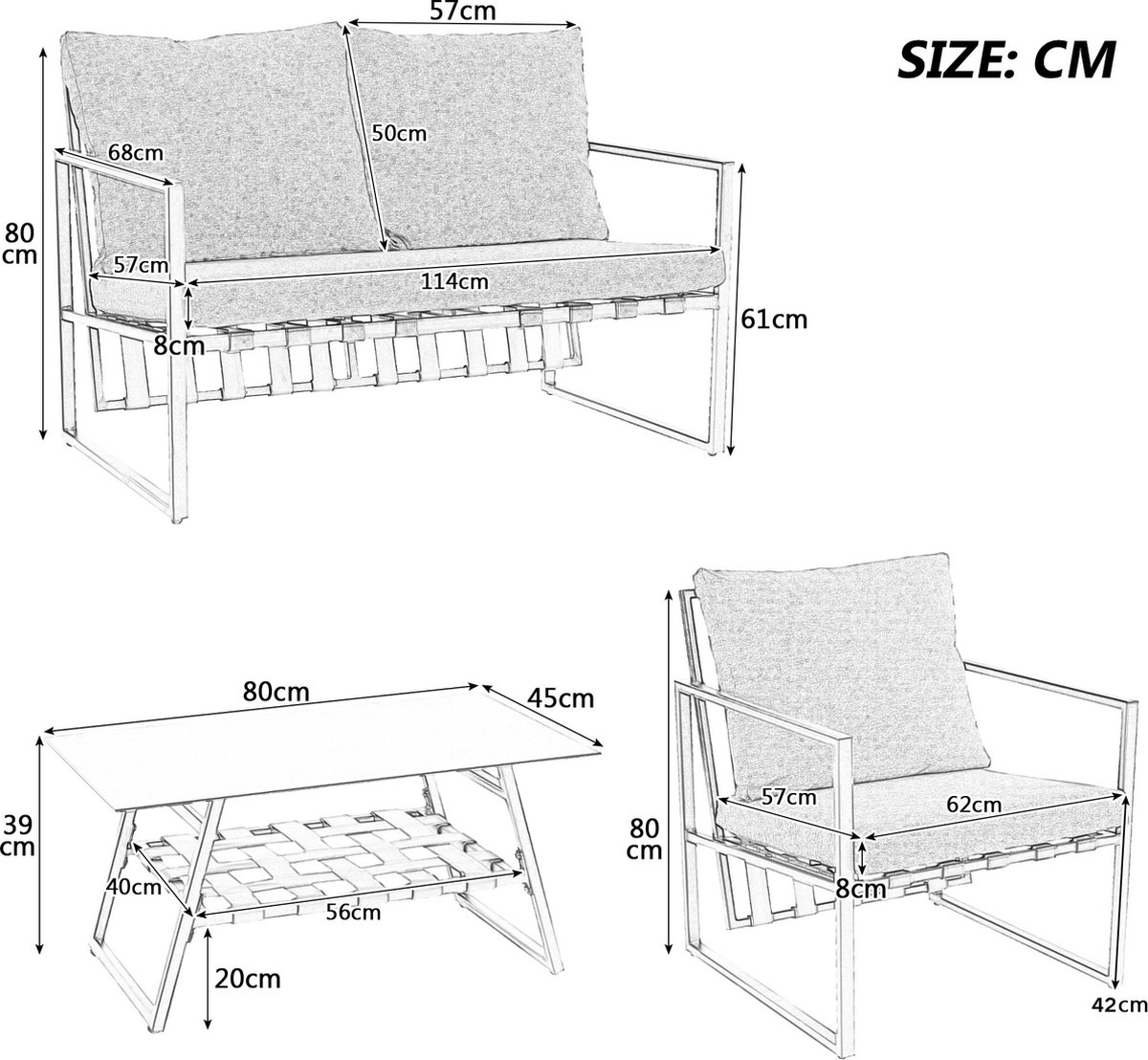 Moderne zwarte tuinset met bank, stoelen, kussens en glazen tafelblad.