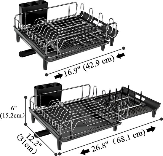 Relaxdays afdruiprek met lekbak, van metaal, HxBxD: 18 x 42,5 x 31,5 cm, afwasrek voor de keuken, bestekhouder, zwart