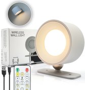 Latium Oplaadbare LED Wandlamp met Afstandsbediening voor Binnen - USB Oplaadbaar - Draadloos - Batterij - Dimbaar - Nachtlampje - Slaapkamer - Woonkamer - Touch Control - 360º rotatie - Wit