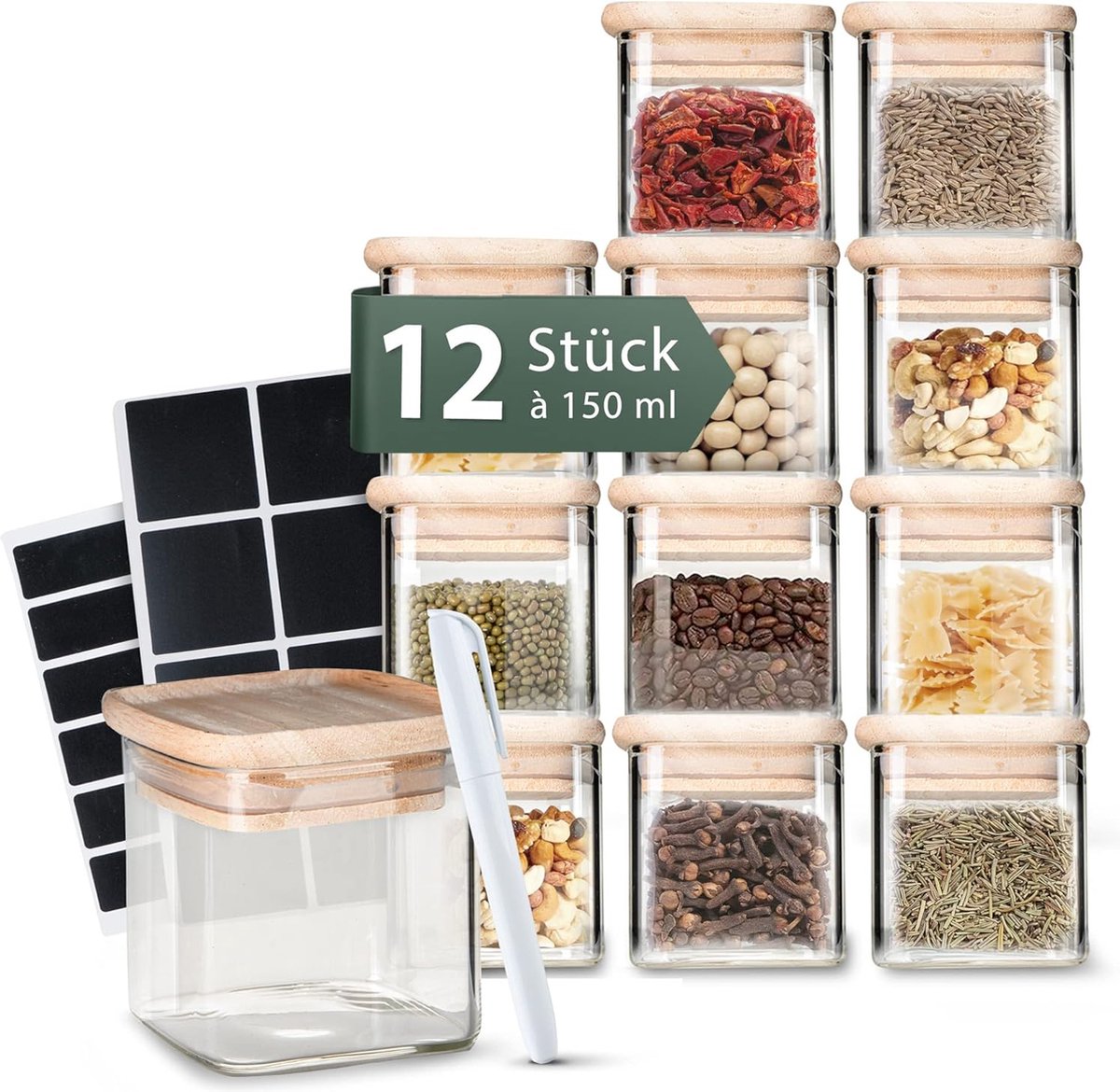 Kruidenpotjes, set van 150 ml, stapelbaar, rechthoekig, houten deksel