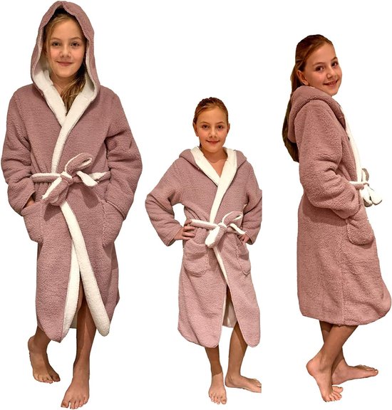 Knuffelfleece badjas voor kinderen - ochtendjas met zakken sjaalkraag riem - omkeerbare kinderbadjas voor jongens en meisjes