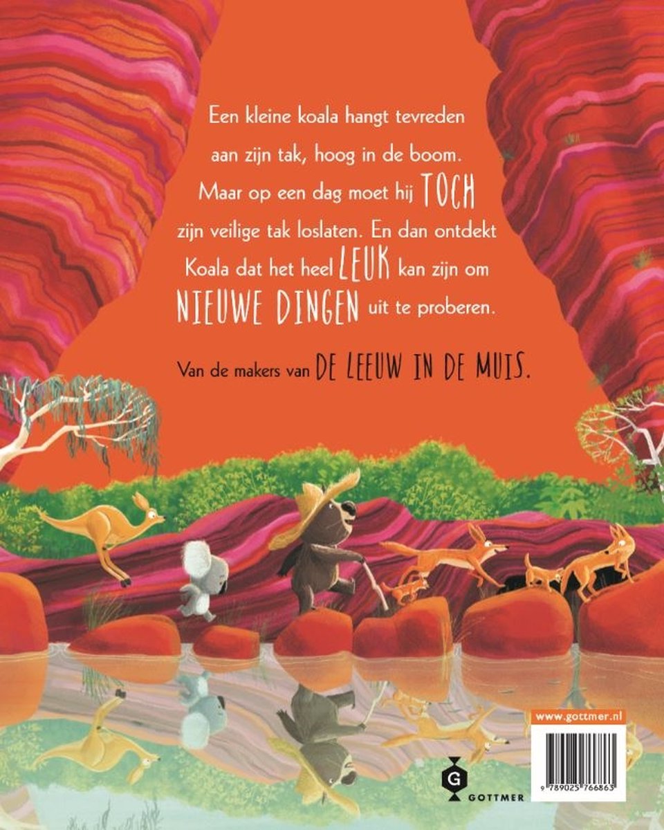 De achterkant van het boek 'Laat maar los, Koala'. Illustraties van koala's, kangoeroes en vossen in een Australisch landschap. Tekst in het Nederlands.