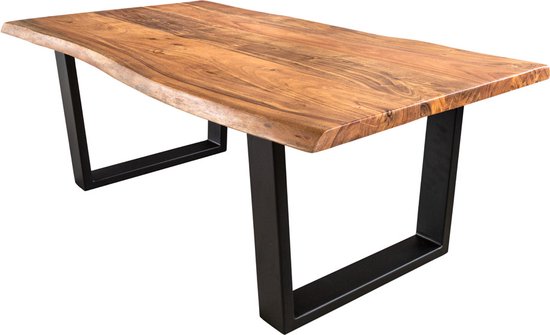 Massief houten salontafel MAMMUT 120cm natuurlijk acacia V-frame zwart 2,5cm tafelblad
