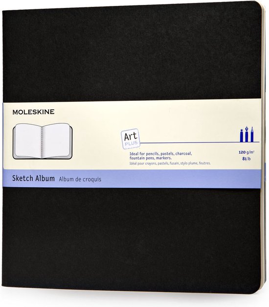 Zwart Moleskine Art Schetsboek met een lichtgele band, waarop 'Sketch Album' staat.