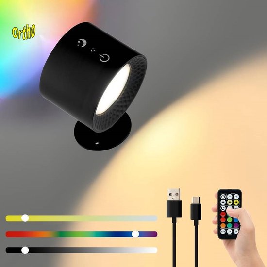 Ortho® - Applique LED rechargeable - Veilleuse magnétique - Rechargeable par USB - Peut être montée sans Vis - Lumière Wit et RVB - Zwart