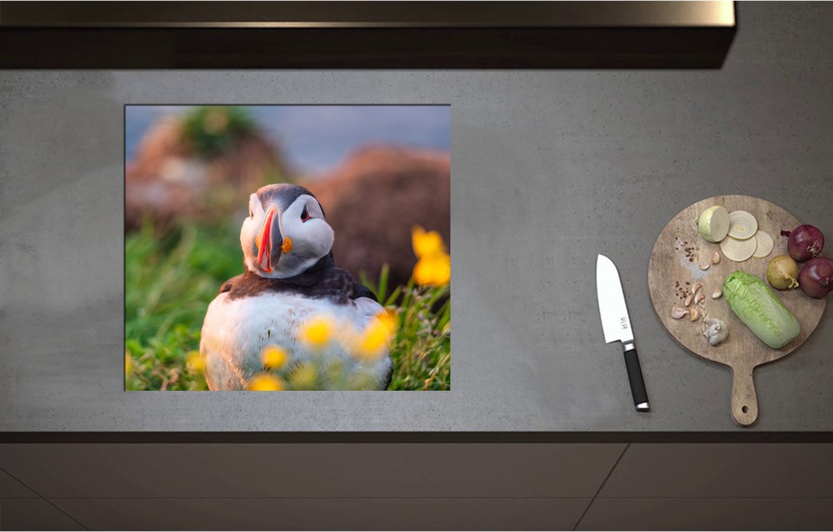 Inductieplaat Beschermer - Aankijkende Papegaaiduiker Vogel in Landschap met Gele Bloemetjes - 59x52 cm - 2 mm Dik - Inductie Beschermer - Bescherming Inductiekookplaat - Kookplaat Beschermer van Wit Vinyl