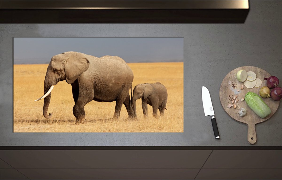 Inductieplaat Beschermer - Afrikaanse Olifant met Baby Olifantje - 90x51 cm - 2 mm Dik - Inductie Beschermer - Bescherming Inductiekookplaat - Kookplaat Beschermer van Zwart Vinyl