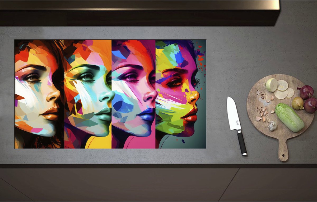 Inductieplaat Beschermer - Artistieke Collage van Zijaanzichten van Kleurrijke Vrouwen - 90x52 cm - 2 mm Dik - Inductie Beschermer - Bescherming Inductiekookplaat - Kookplaat Beschermer van Zwart Vinyl