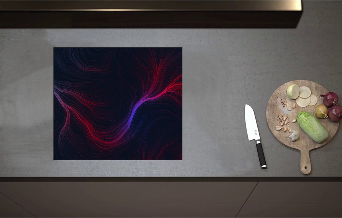 Inductieplaat Beschermer - Abstracte Rood met Paarse Lijnen - 57x50 cm - 2 mm Dik - Inductie Beschermer - Bescherming Inductiekookplaat - Kookplaat Beschermer van Zwart Vinyl