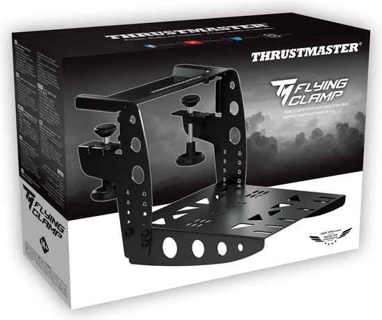 Doos van de Thrustmaster Flying Clamp tafelklem met afbeelding van de klem.