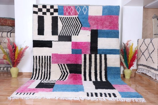 Tapis traditionnel Azilal - 280 x 126 cm - oeuvre tissée à la main - Coloré et unique - 100% laine, tapis à poils longs