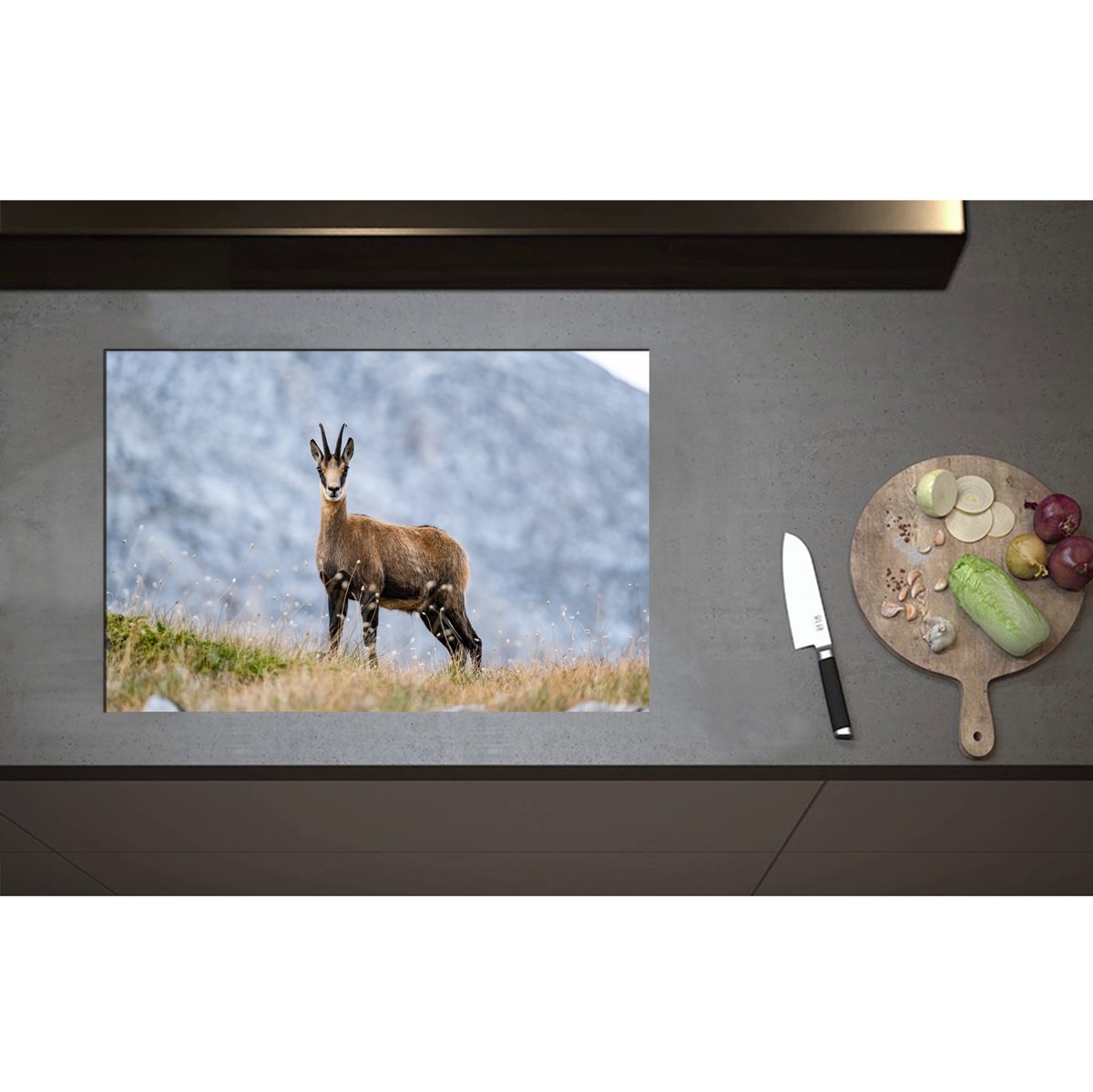 Inductieplaat Beschermer - Aankijkende Wilde Geit in het Gras aan de Rand van Bergen - 75x50 cm - 2 mm Dik - Inductie Beschermer - Bescherming Inductiekookplaat - Kookplaat Beschermer van Wit Vinyl