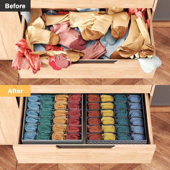 DIMJ Ondergoedsokken, organizer, set van 2, 48 vakken (2 x 24), kastlade- organizer, opvouwbaar opbergsysteem, kledingkast, opbergdozen, kleding, voor commode, stropdassen, beige