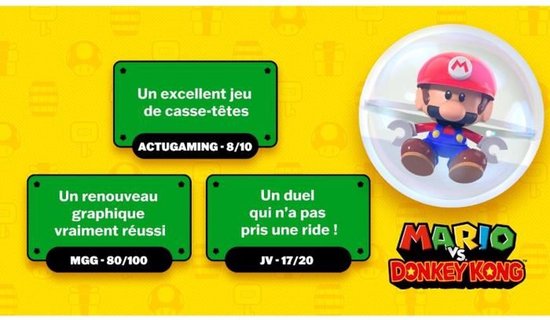 Een kleine Mario in een bubbel, met de tekst "Un excellent jeu de casse-têtes" en "Un renouveau graphique vraiment réussi".