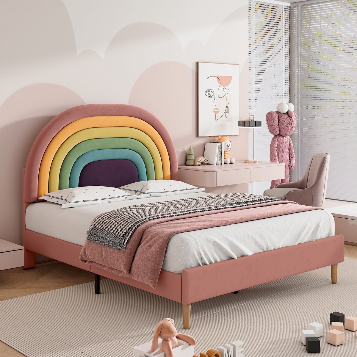 Sweiko Gestoffeerd bed 140*200, met lattenbod en hoofdeinde, jeugdbed, voor volwassenen en tieners, houten lattensteun, gemakkelijke assemblage, in hoogte verstelbare hoofdeinde, fluweel, roze