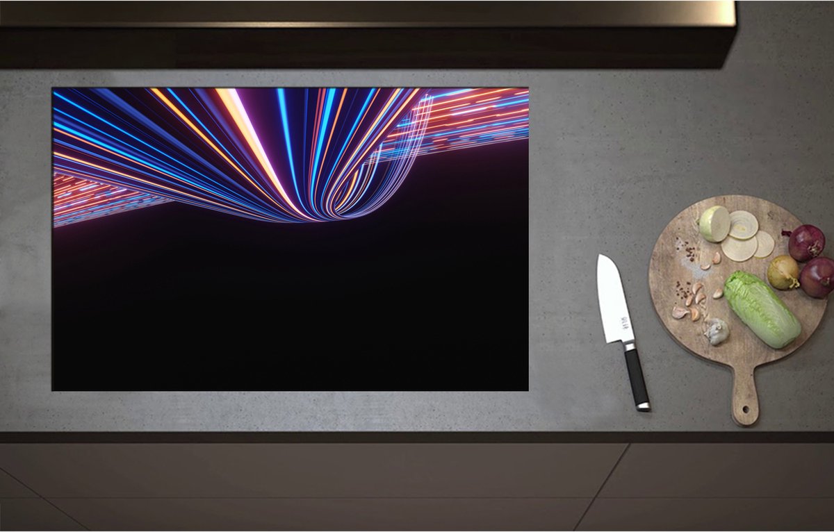 Inductieplaat Beschermer - Abstracte Neonkleurige Lijnen - 85x55 cm - 2 mm Dik - Inductie Beschermer - Bescherming Inductiekookplaat - Kookplaat Beschermer van Zwart Vinyl
