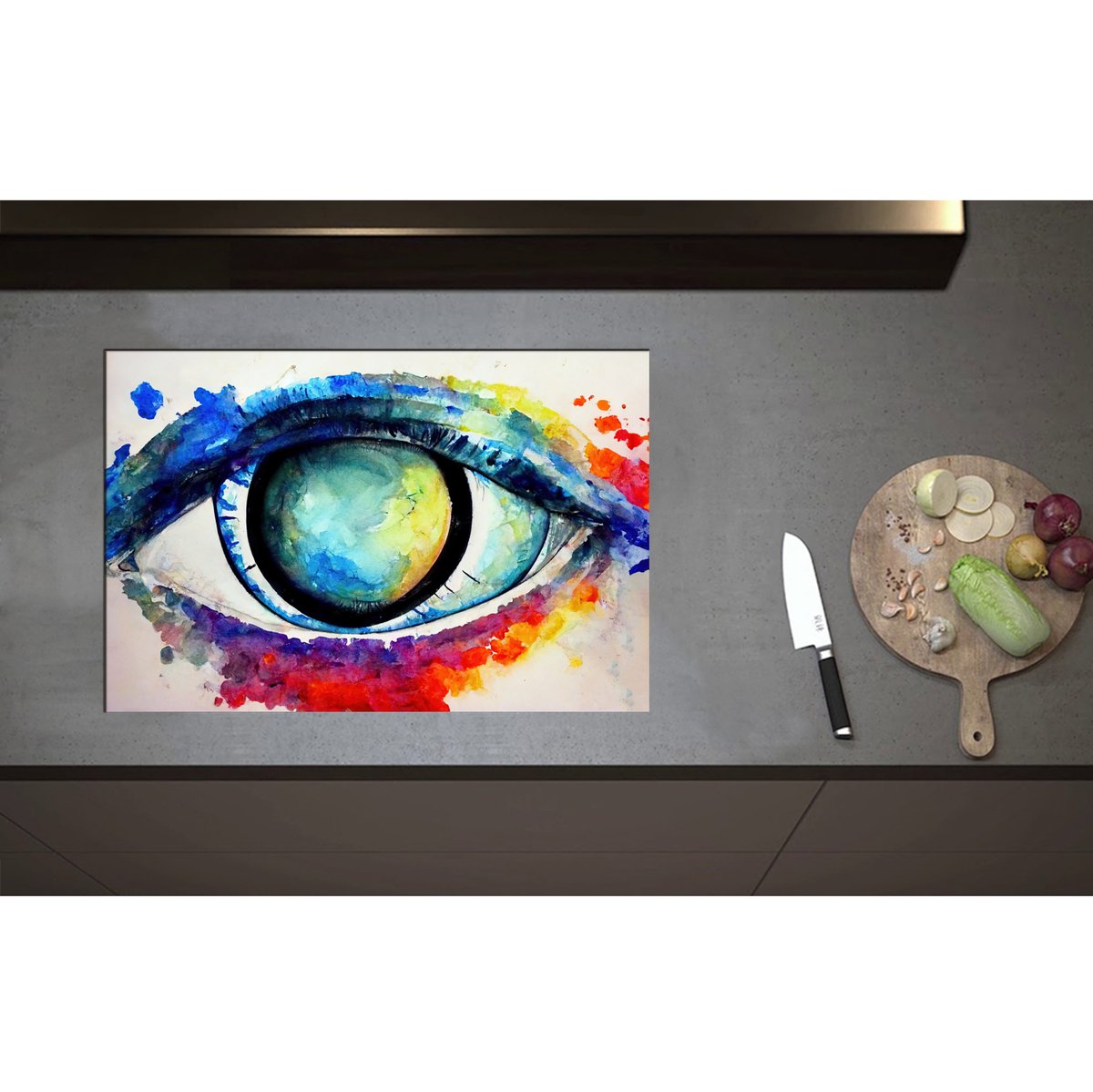 Inductieplaat Beschermer - Abstract Schilderij van Kleurrijk Oog - 75x50 cm - 2 mm Dik - Inductie Beschermer - Bescherming Inductiekookplaat - Kookplaat Beschermer van Wit Vinyl