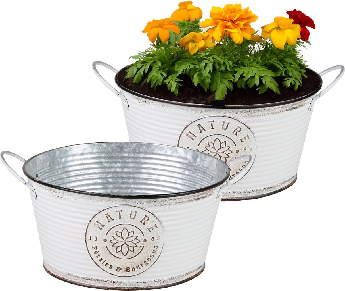 Goedkoopste Sunnydays Teil/plantenpot/bloempot - 2x - zink - rond - ivoorwit - D25 x H12 cm