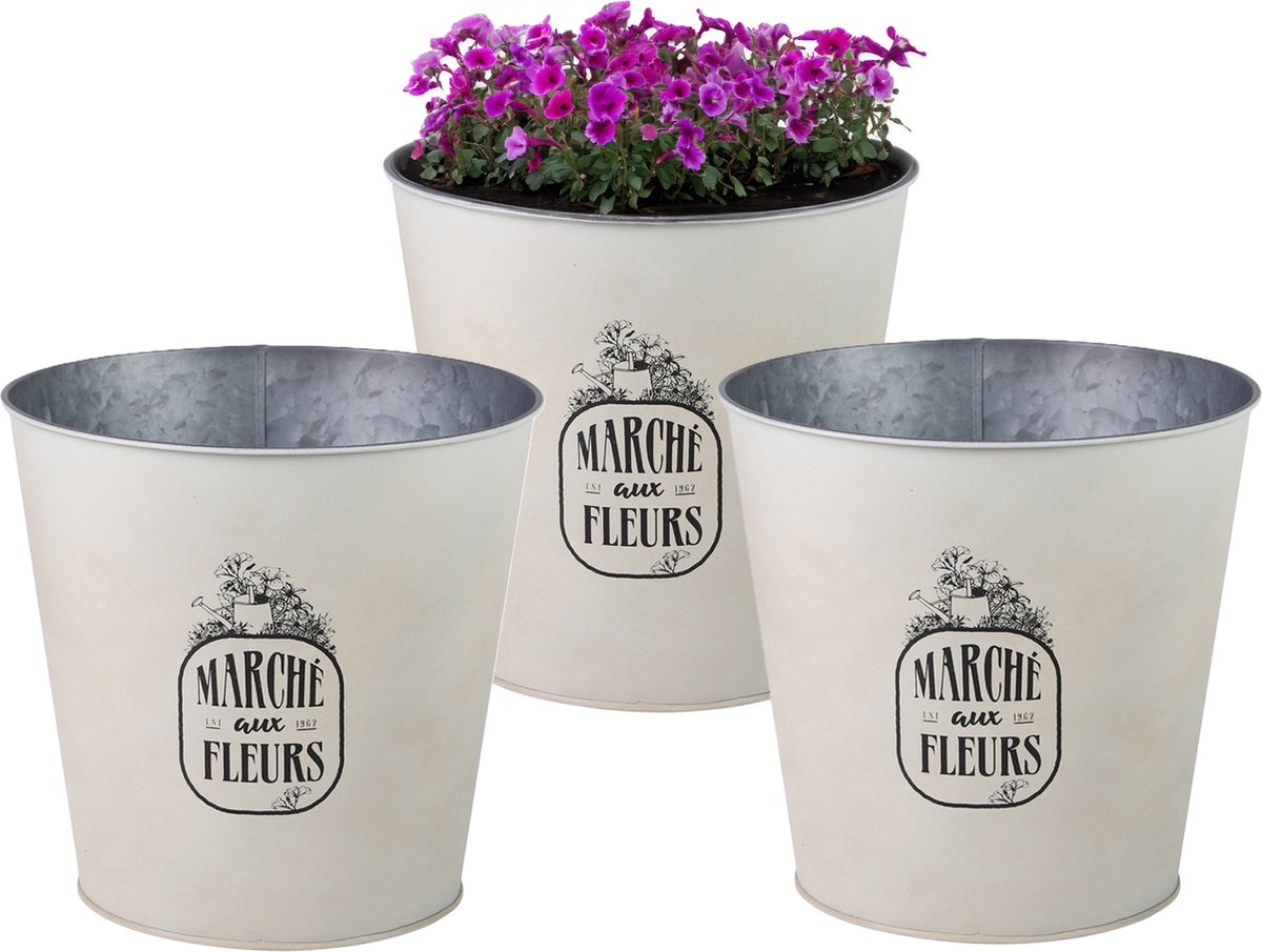 Goedkoopste Sunnydays Emmer/plantenpot/bloempot - 3x - zink - ivoorwit - D23 x H22 cm