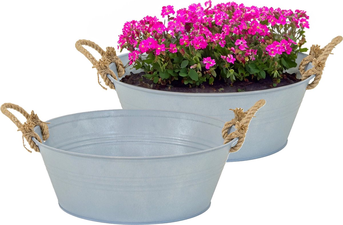 Goedkoopste Mega Collections Teil/plantenpot/bloempot Old Rope - 2x - zink - zilver - D40 X H14 cm