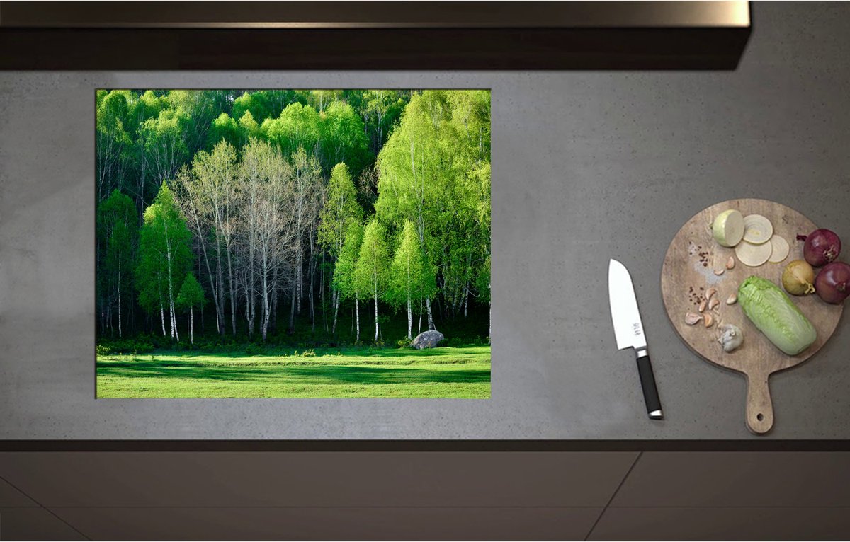 Inductieplaat Beschermer - Aan de Rand van Bos Vol Felgroene Bomen - 70x55 cm - 2 mm Dik - Inductie Beschermer - Bescherming Inductiekookplaat - Kookplaat Beschermer van Wit Vinyl