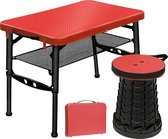 Draagbare opvouwbare tafel - met opvouwbare kruk - in hoogte verstelbare kleine tafel en telescopische kruk - campingtafel, inklapbare tuintafel - voor reizen, picknicken, vissen, wandelen, binnen - rood