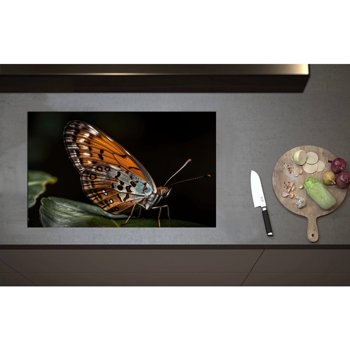 Inductieplaat Beschermer - Acraea vlinder zit op groen blad met zwarte achtergrond - 80x50 cm - 2 mm Dik - Inductie Beschermer - Bescherming Inductiekookplaat - Kookplaat Beschermer van Wit Vinyl