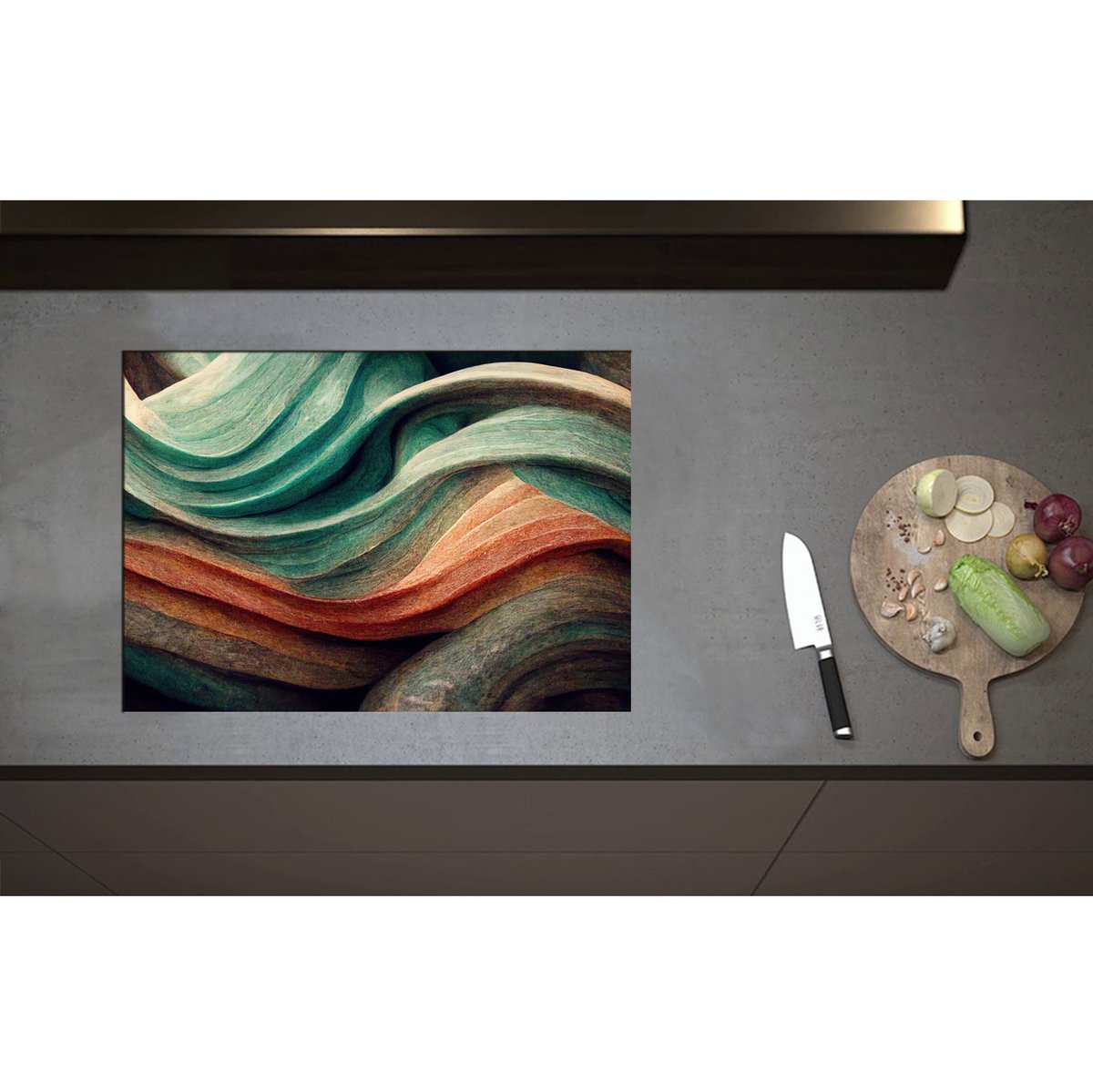 Inductieplaat Beschermer - Abstracte Golvende Vormen in Verschillende Kleuren - 70x50 cm - 2 mm Dik - Inductie Beschermer - Bescherming Inductiekookplaat - Kookplaat Beschermer van Wit Vinyl
