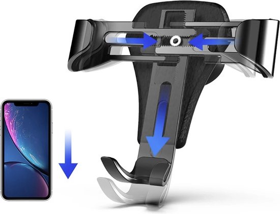 Zwarte telefoonhouder met mechanisme, plaatsing van een smartphone met blauwe pijlen.