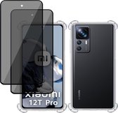 Hoesje + 2x Privé Screenprotector geschikt voor Xiaomi 12T Pro – Privacy Tempered Glass - Case Transparant