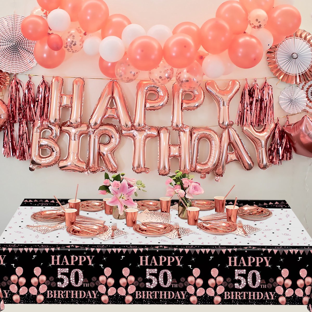 Nappe Anniversaire 50 Ans Noir Et Rose Or - 137x274cm - Nappe Jetable Élégante Pour Fête Et Célébration