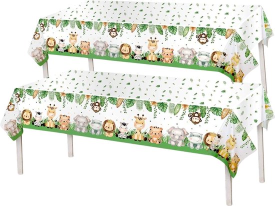 Twee witte plastic tafelkleden met een safari jungle dierenprint aan de onderrand en groene bladeren.