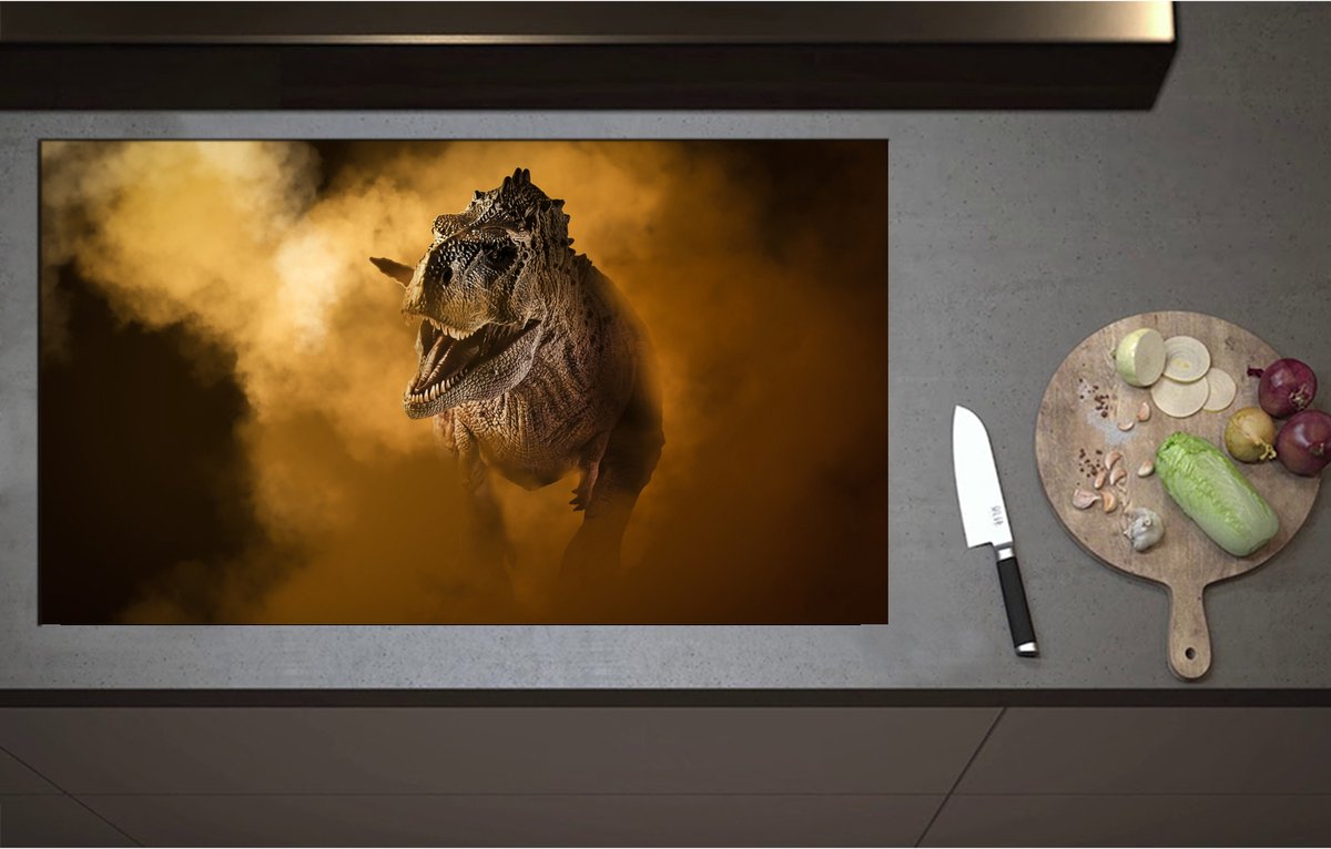 Inductieplaat Beschermer - Angstaanjagend T-rex Dinosaurs vanuit Oranje Mist - 95x55 cm - 2 mm Dik - Inductie Beschermer - Bescherming Inductiekookplaat - Kookplaat Beschermer van Wit Vinyl