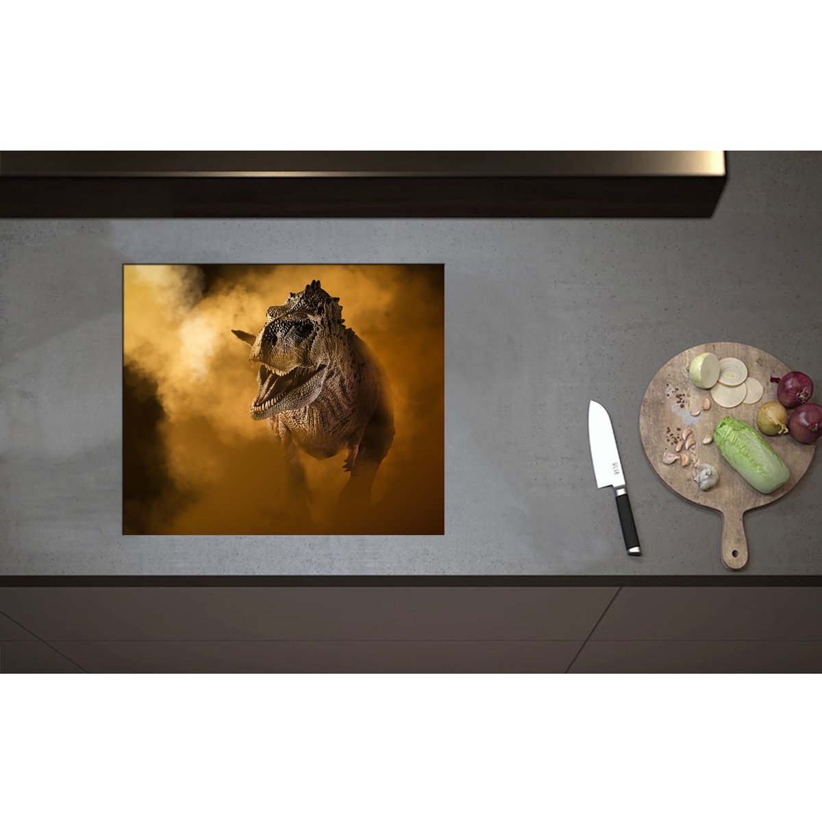 Inductieplaat Beschermer - Angstaanjagend T-rex Dinosaurs vanuit Oranje Mist - 59x50 cm - 2 mm Dik - Inductie Beschermer - Bescherming Inductiekookplaat - Kookplaat Beschermer van Zwart Vinyl
