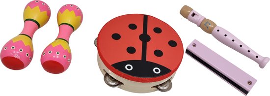 Houten muziekinstrumentenset: lieveheersbeestjestrommel, blokfluit, mondharmonica en twee kleurrijke maracas.