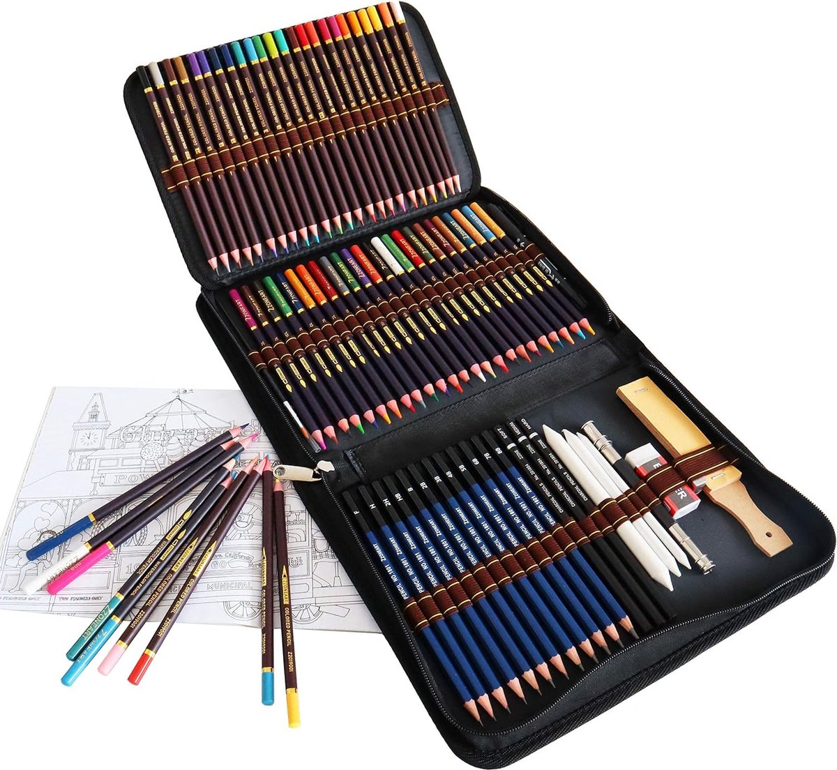 Kleurpotlodenset, 72-delige kunstset bevat aquarelkleurpotloden, schetsstiften, ideaal voor kinderen en volwassenen tekenen, schetsen, schaduwen en kleuren
