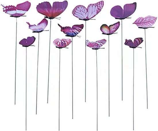 12 vrolijke vlinders op stokken / tuindecoratie / zowel binnen als buiten / Paars